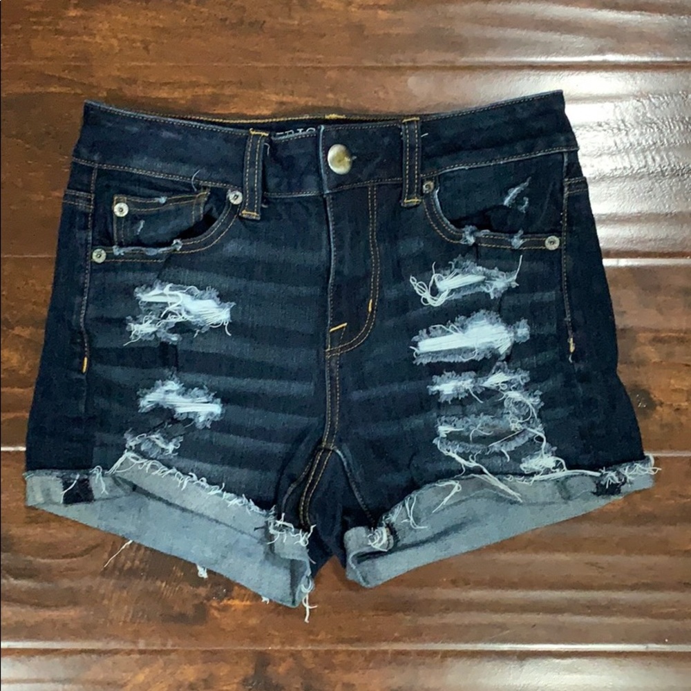 Dark blue ripped jean shorts